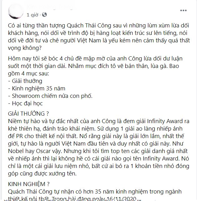 Bài bóc phốt NTK Quách Thái Công khiến CĐM xôn xao: Mới 48 tuổi mà nổ có 35 năm kinh nghiệm, thực tế chưa từng học đại học, giải thưởng là hư danh, showroom tại Đức không hoành tráng như vẫn khoe - Ảnh 1.